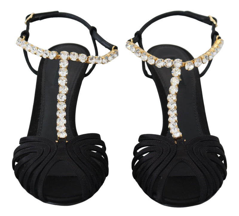 Sandalias negras de satén con tira en T y cristales transparentes de Dolce & Gabbana