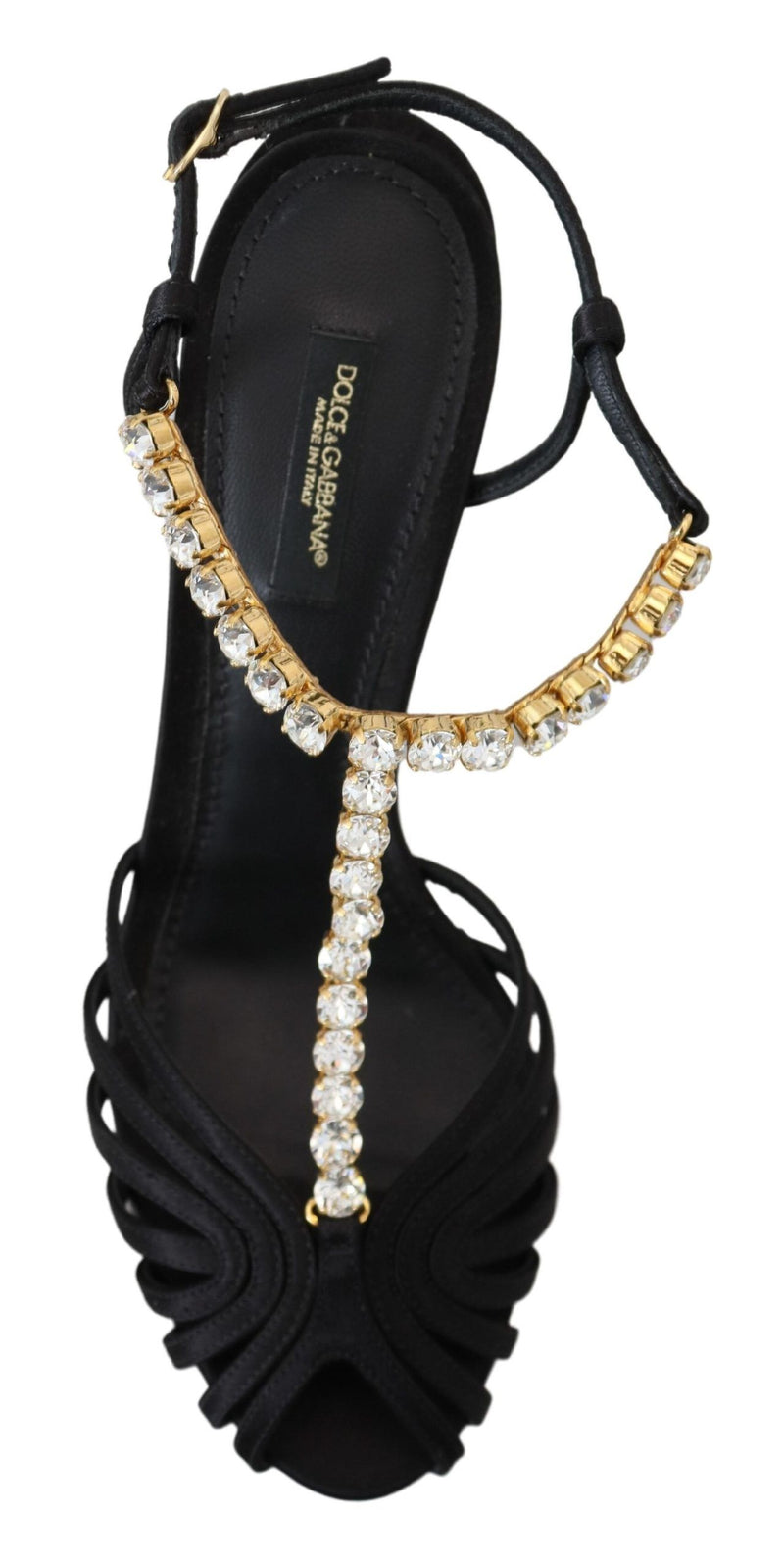 Sandalias negras de satén con tira en T y cristales transparentes de Dolce & Gabbana