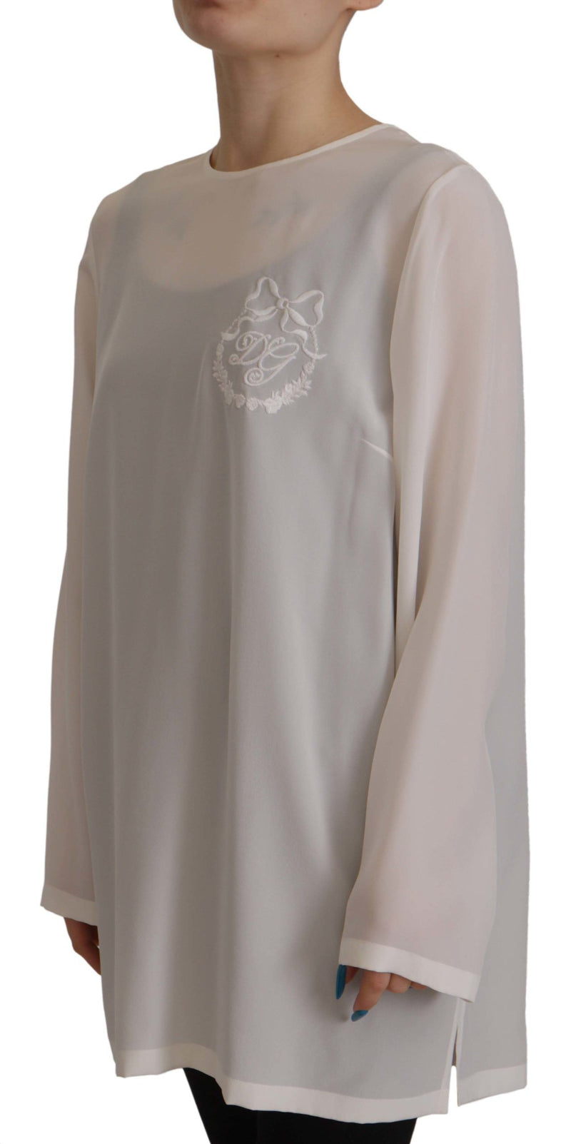 Blouse à manches longues Dolce & Gabbana en soie blanche brodée du logo DG