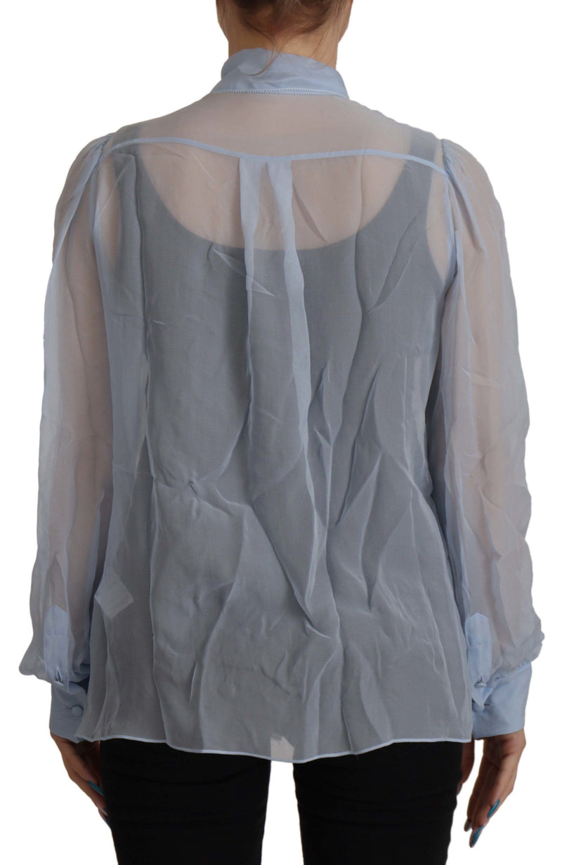 Top in seta azzurra a maniche lunghe con collo Ascot Dolce & Gabbana