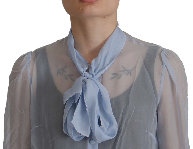 Top in seta azzurra a maniche lunghe con collo Ascot Dolce & Gabbana