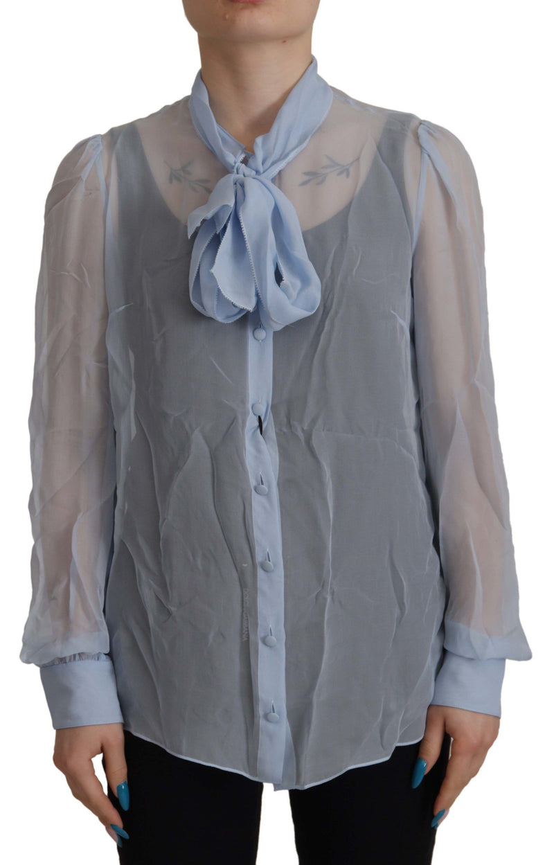 Top in seta azzurra a maniche lunghe con collo Ascot Dolce & Gabbana