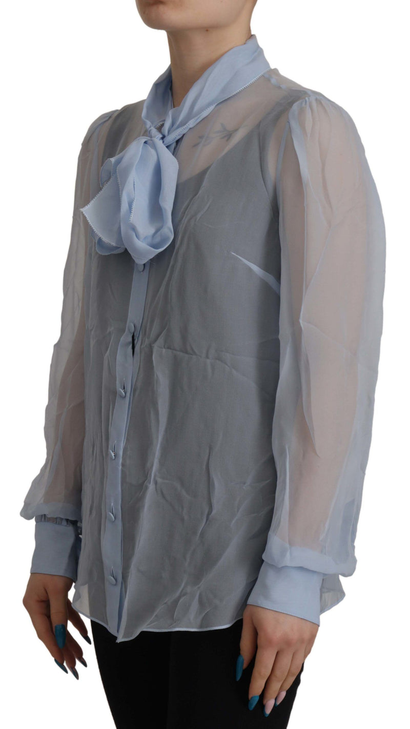 Top in seta azzurra a maniche lunghe con collo Ascot Dolce & Gabbana