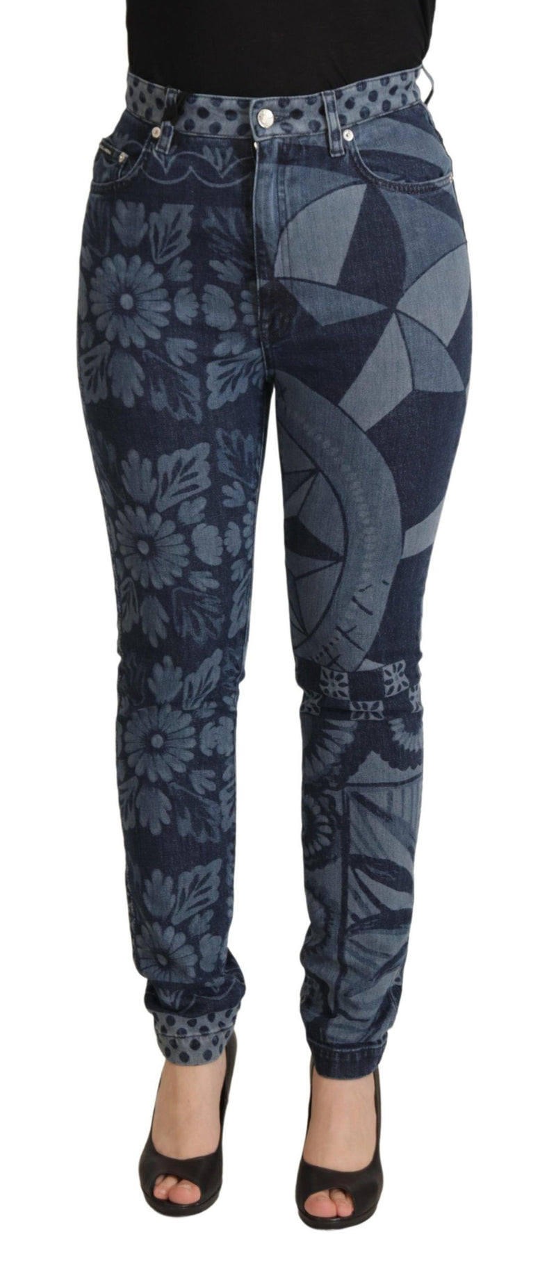 Jean skinny taille haute à fleurs bleues Dolce & Gabbana