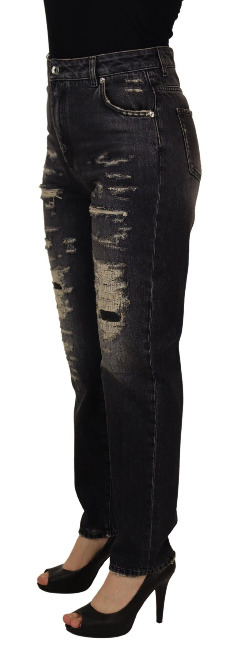 Calça jeans Dolce & Gabbana preta com lavagem desgastada, detalhes puídos e cintura alta