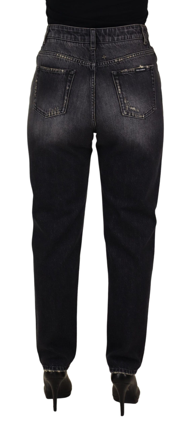 Calça jeans Dolce & Gabbana preta com lavagem desgastada, detalhes puídos e cintura alta