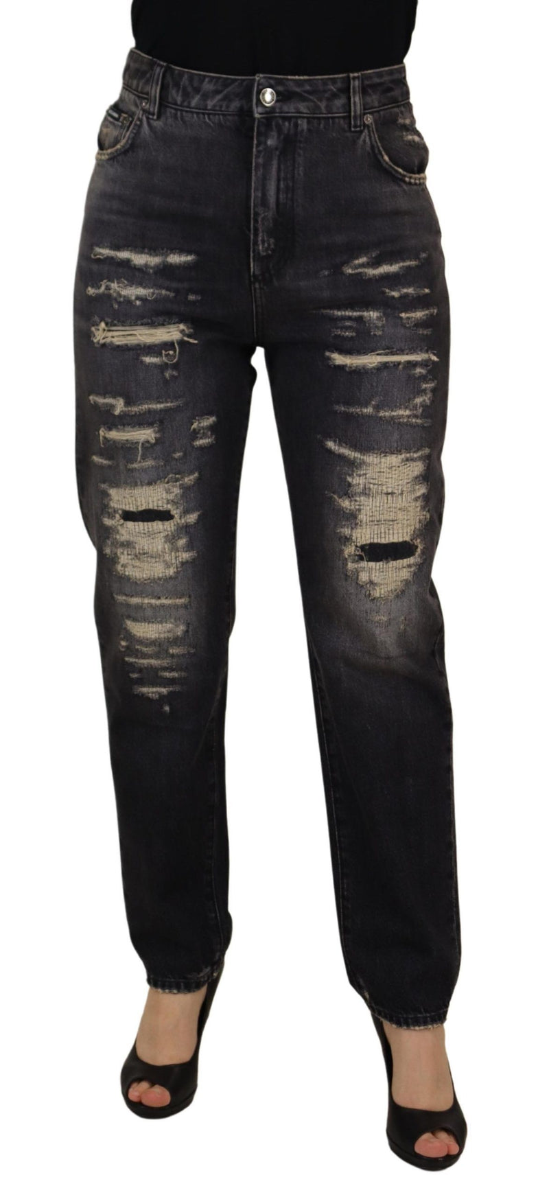 Calça jeans Dolce & Gabbana preta com lavagem desgastada, detalhes puídos e cintura alta
