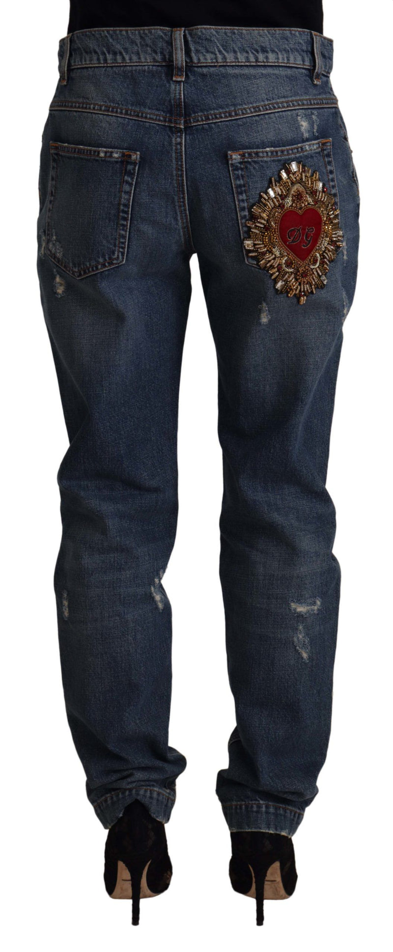 Jean en denim bleu avec écusson cœur baroque et logo Dolce & Gabbana