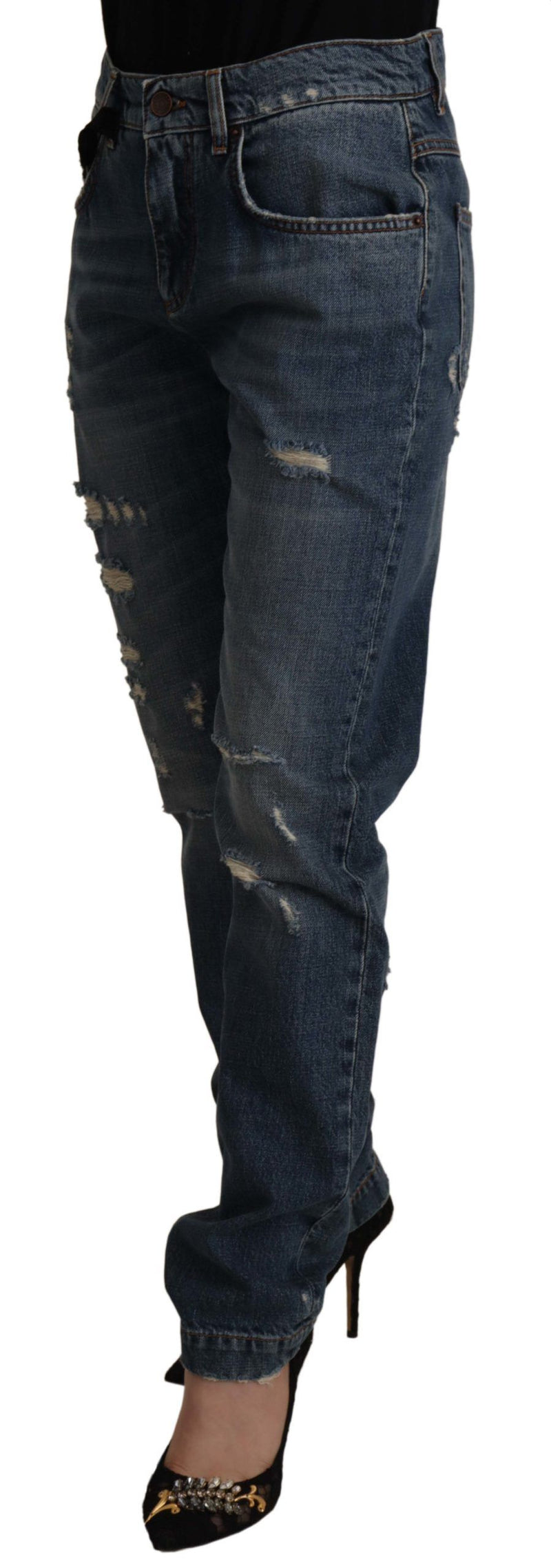Jean en denim bleu avec écusson cœur baroque et logo Dolce & Gabbana
