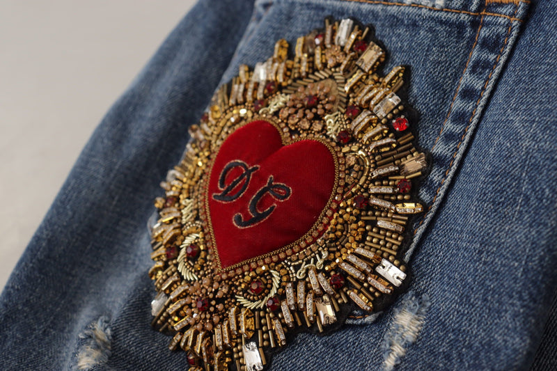 Jean en denim bleu avec écusson cœur baroque et logo Dolce & Gabbana