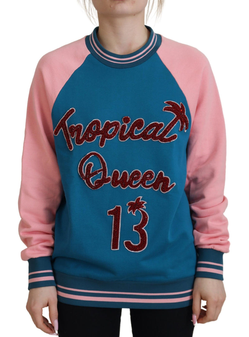 Maglione Dolce & Gabbana blu e rosa con paillettes e cristalli Queen