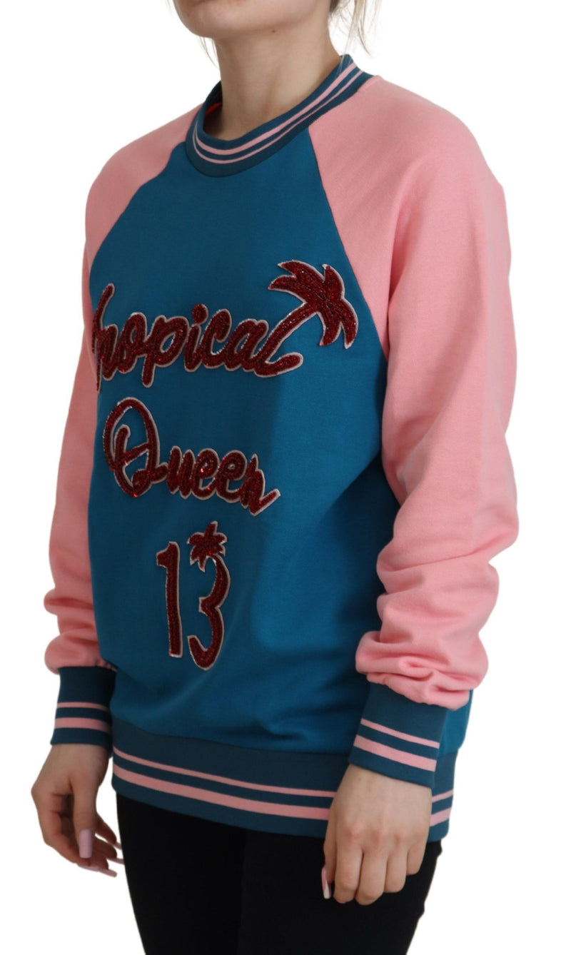 Maglione Dolce & Gabbana blu e rosa con paillettes e cristalli Queen