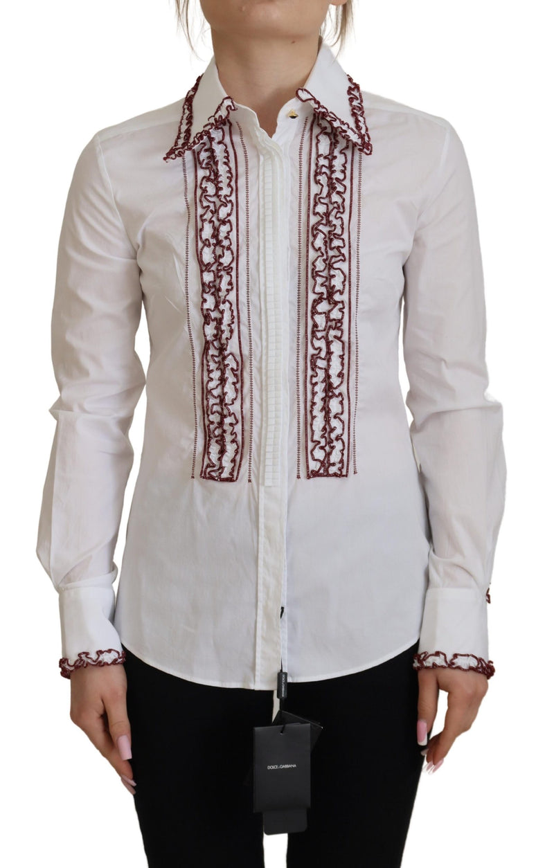 Dolce & Gabbana Top bianco in pizzo con maniche lunghe e colletto arricciato