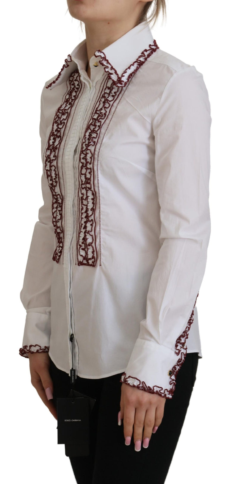 Dolce & Gabbana Top bianco in pizzo con maniche lunghe e colletto arricciato