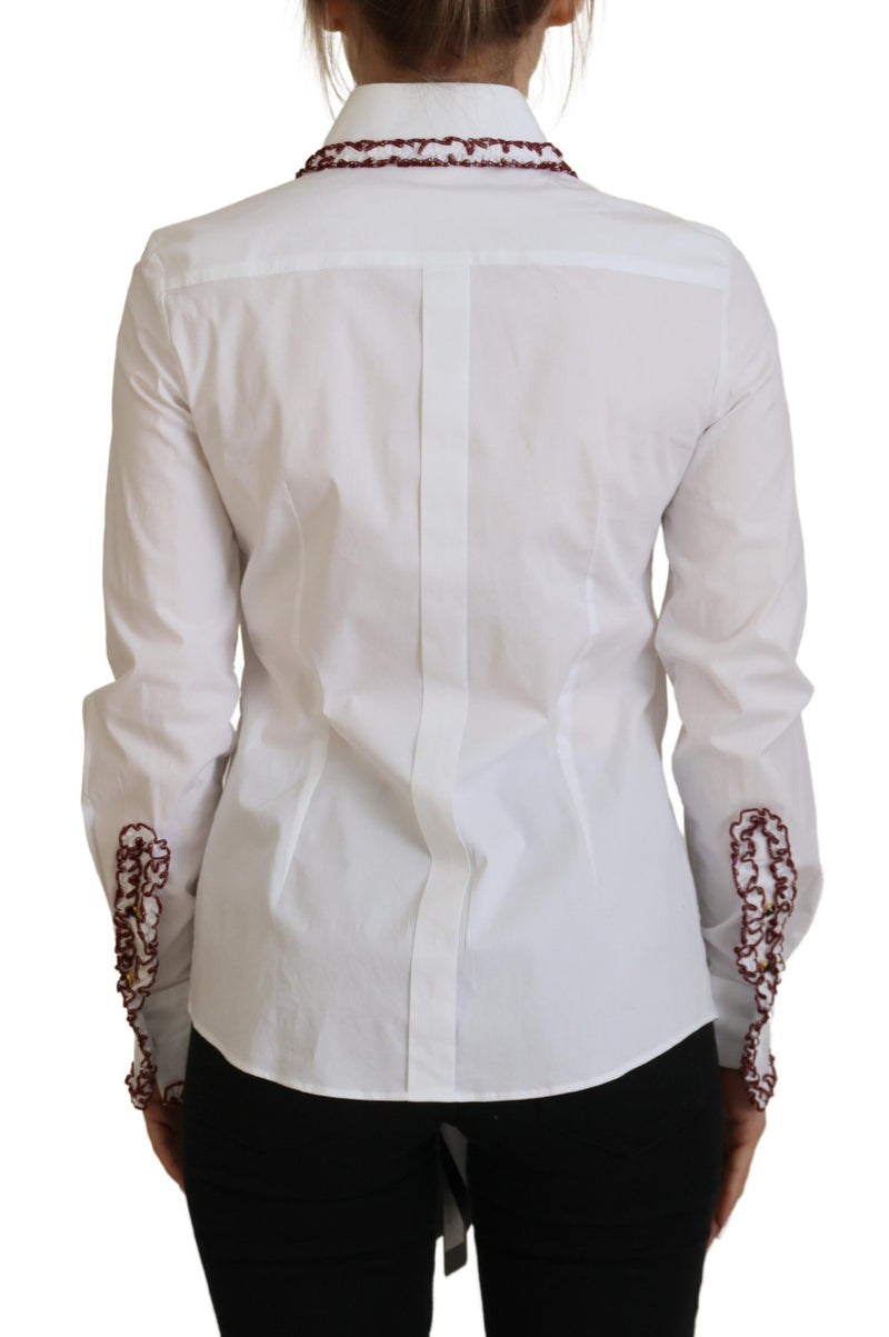 Dolce & Gabbana Top bianco in pizzo con maniche lunghe e colletto arricciato