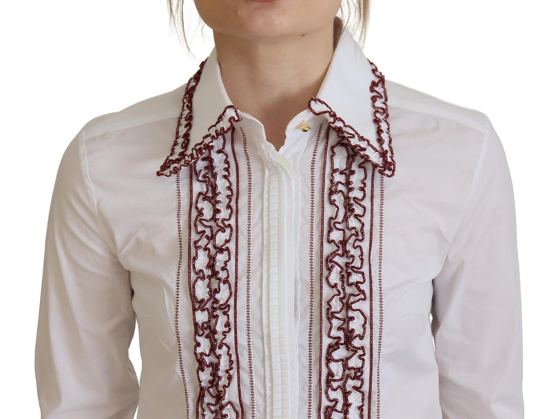 Dolce & Gabbana Top bianco in pizzo con maniche lunghe e colletto arricciato