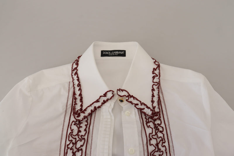 Dolce & Gabbana Top bianco in pizzo con maniche lunghe e colletto arricciato