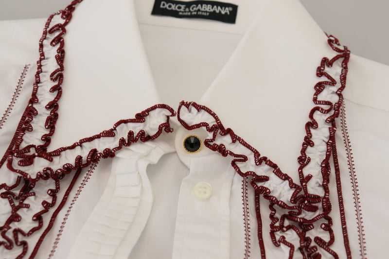 Dolce & Gabbana Top bianco in pizzo con maniche lunghe e colletto arricciato