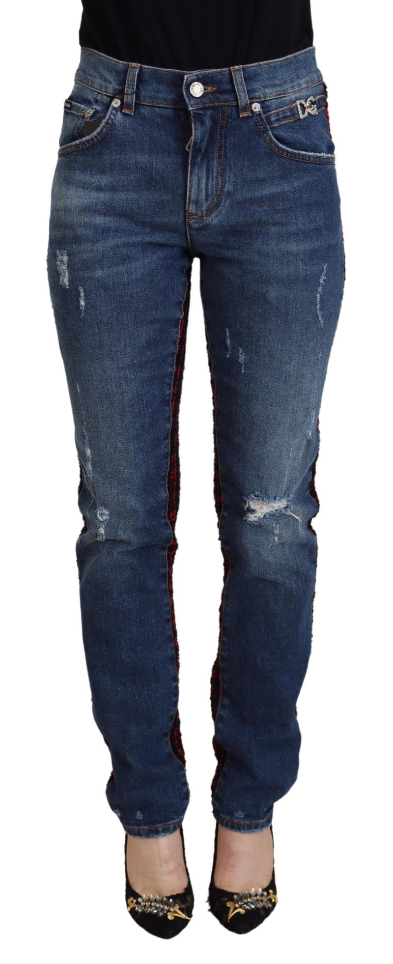 Jeans skinny em denim azul com detalhe xadrez na parte de trás Dolce & Gabbana