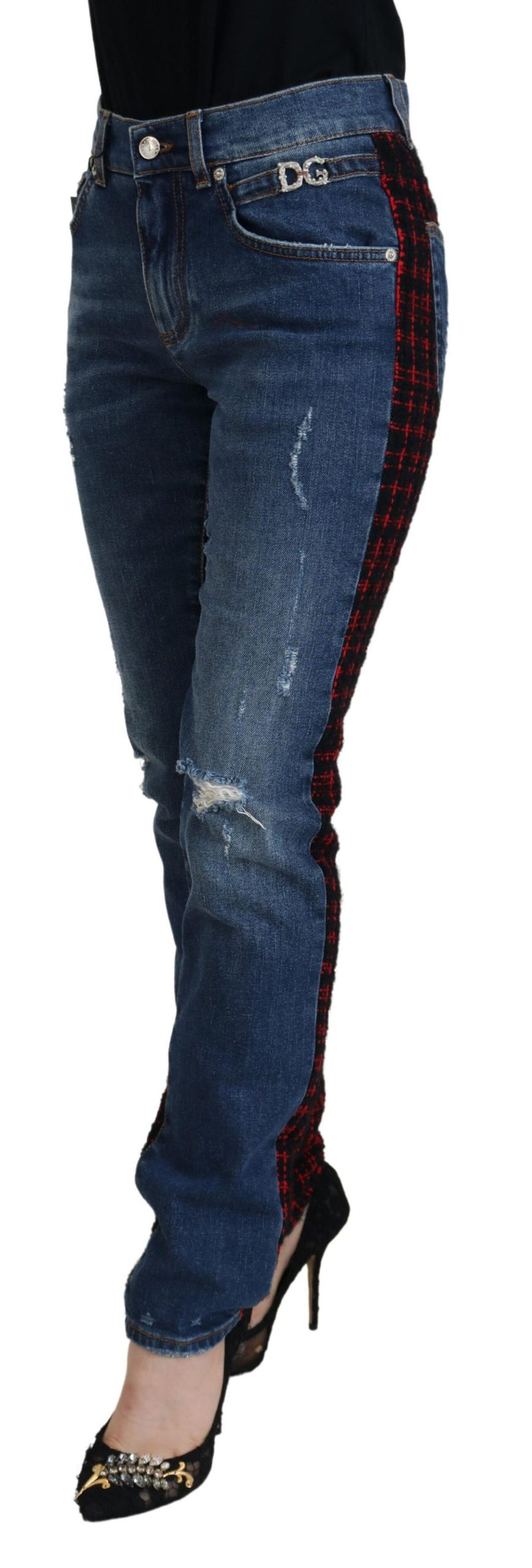 Jeans skinny em denim azul com detalhe xadrez na parte de trás Dolce & Gabbana