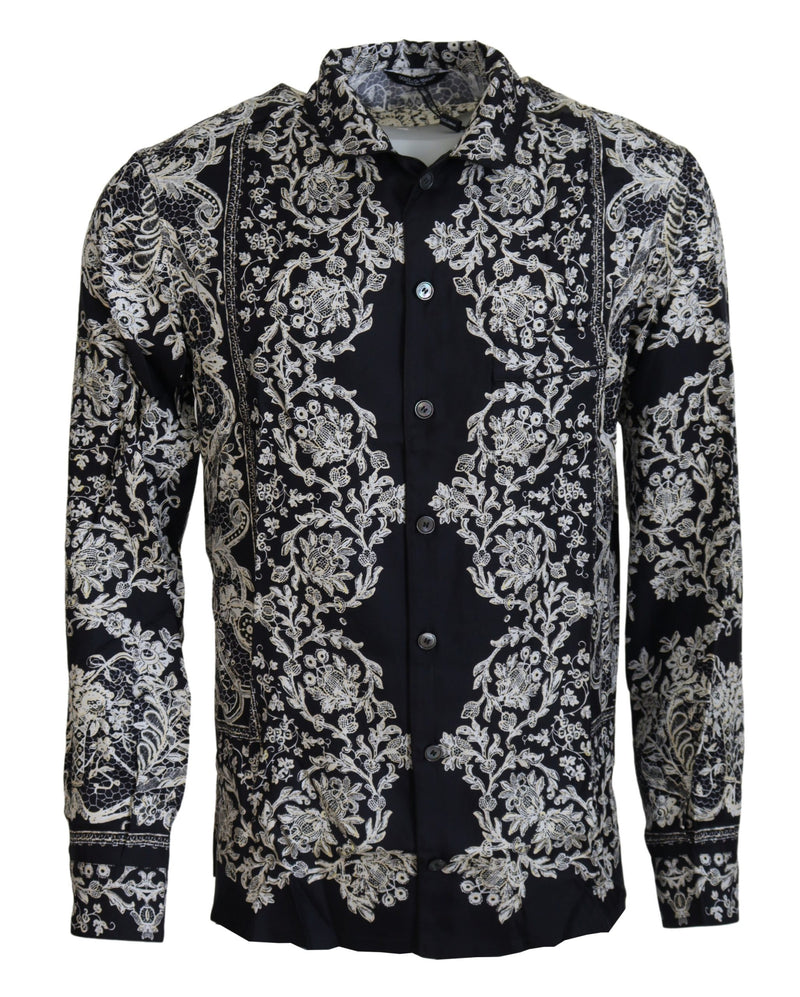 Chemise décontractée en satin de soie bleu à motif floral baroque Dolce & Gabbana