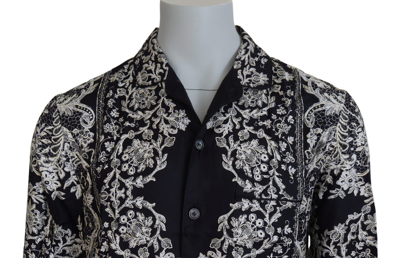 Chemise décontractée en satin de soie bleu à motif floral baroque Dolce & Gabbana