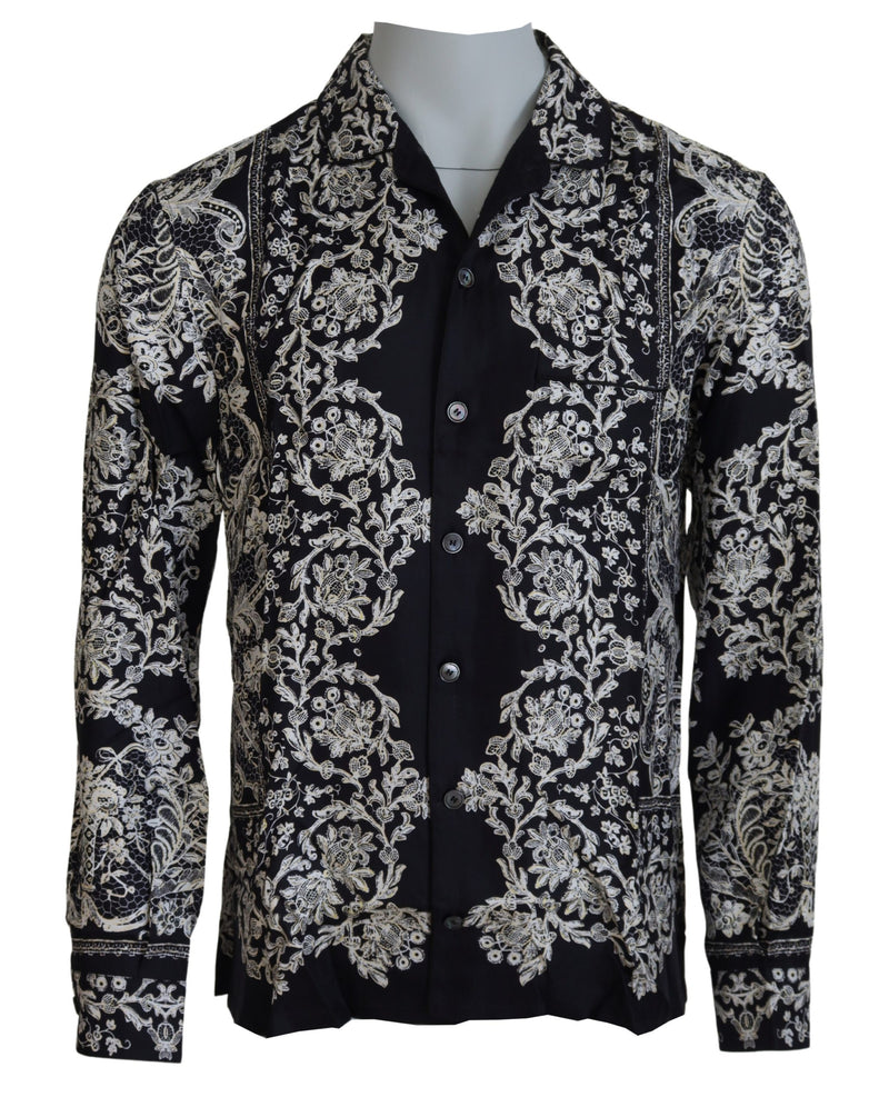 Chemise décontractée en satin de soie bleu à motif floral baroque Dolce & Gabbana