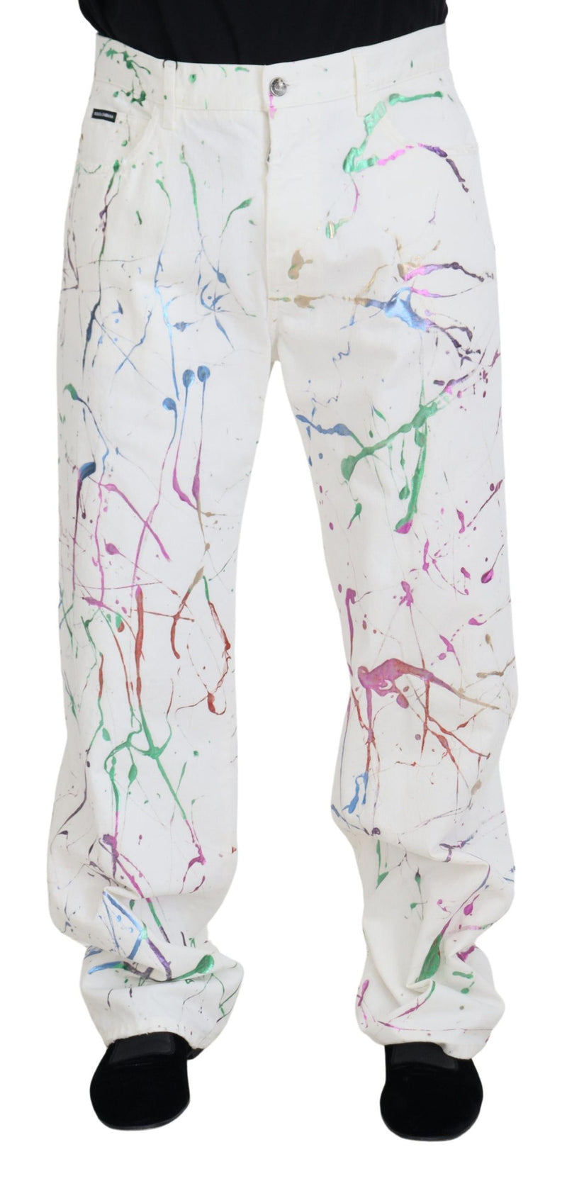 Pantalon en jean en coton blanc à imprimé éclaboussures de couleurs Dolce & Gabbana