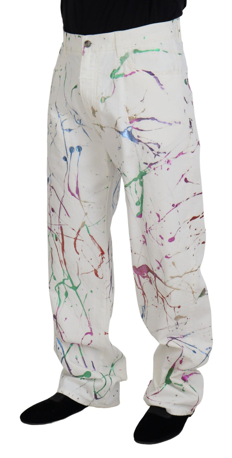 Pantalon en jean en coton blanc à imprimé éclaboussures de couleurs Dolce & Gabbana