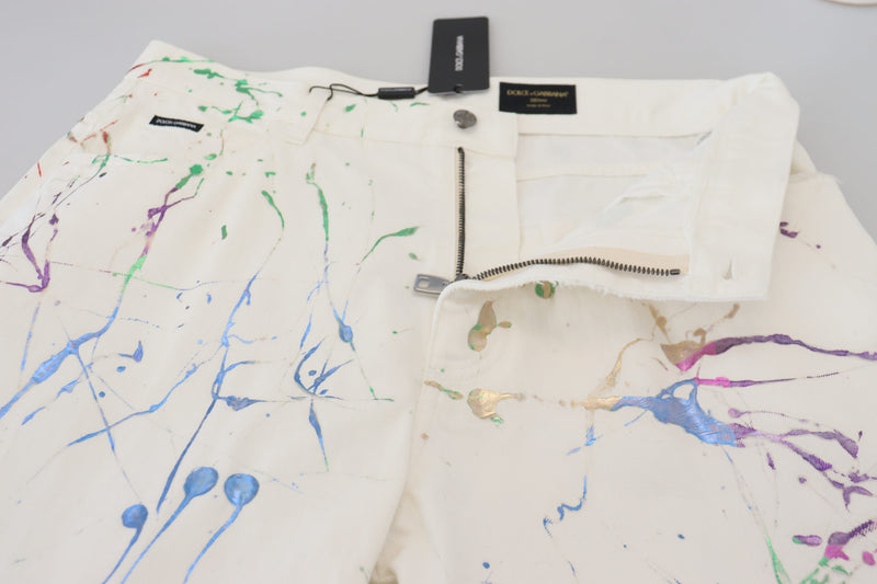 Pantalon en jean en coton blanc à imprimé éclaboussures de couleurs Dolce & Gabbana