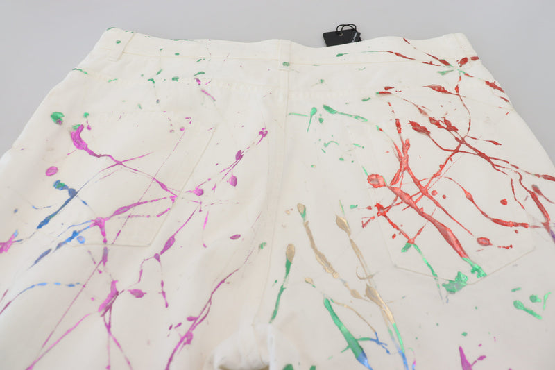 Pantalon en jean en coton blanc à imprimé éclaboussures de couleurs Dolce & Gabbana