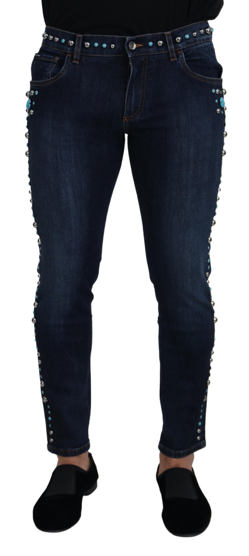 Jean taille basse en coton bleu orné de clous Dolce & Gabbana