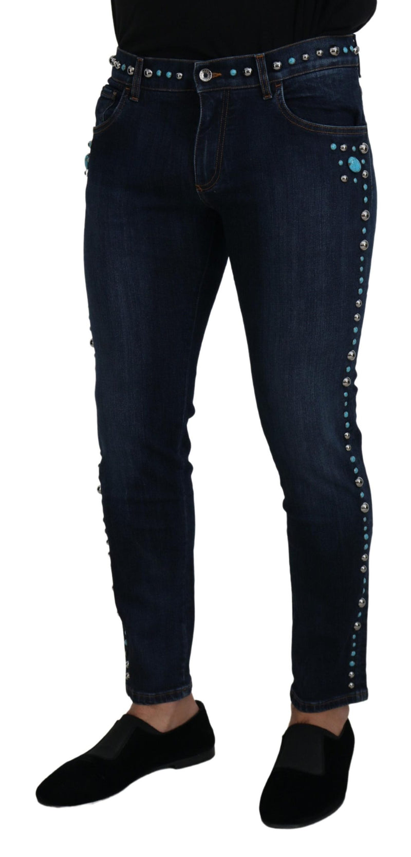 Jean taille basse en coton bleu orné de clous Dolce & Gabbana