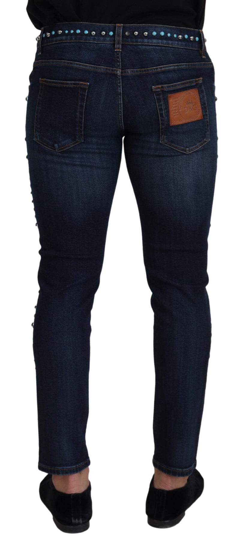 Jean taille basse en coton bleu orné de clous Dolce & Gabbana