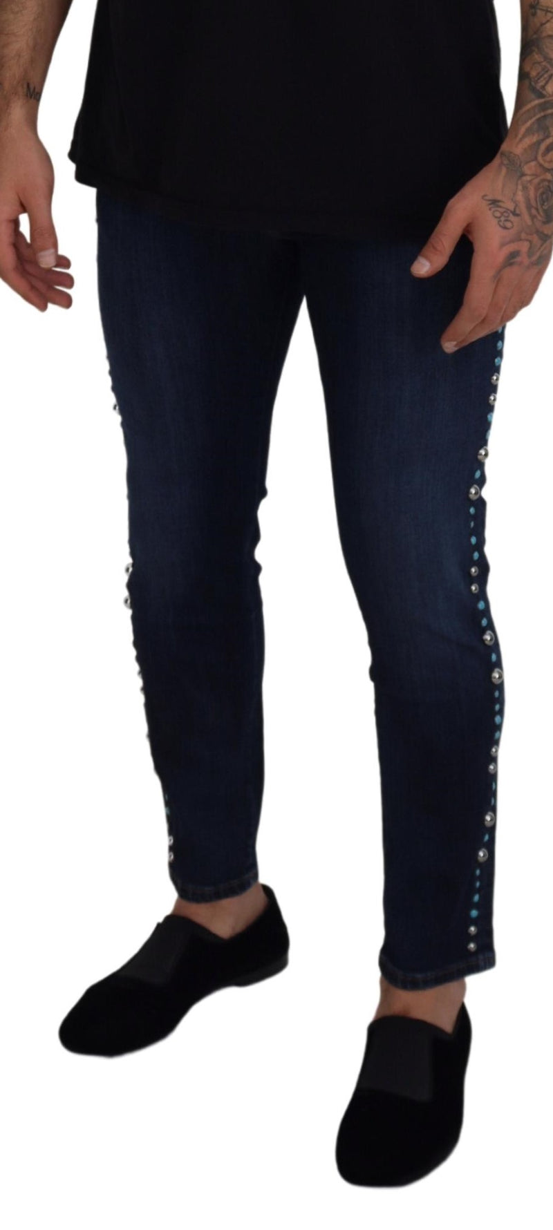 Jean taille basse en coton bleu orné de clous Dolce & Gabbana