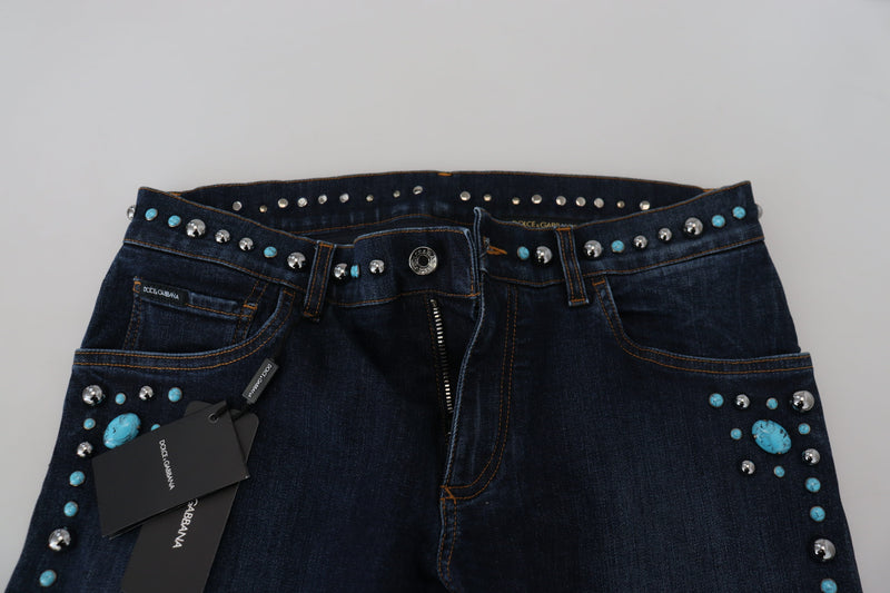 Jean taille basse en coton bleu orné de clous Dolce & Gabbana