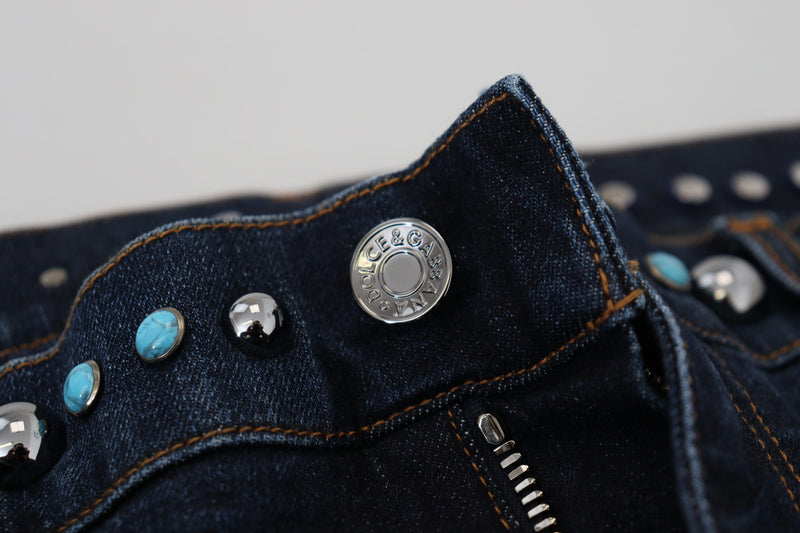 Jean taille basse en coton bleu orné de clous Dolce & Gabbana