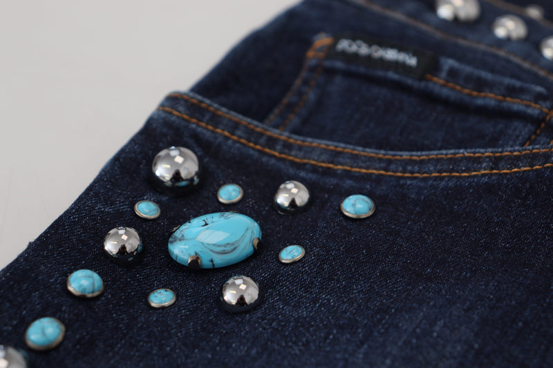 Jean taille basse en coton bleu orné de clous Dolce & Gabbana