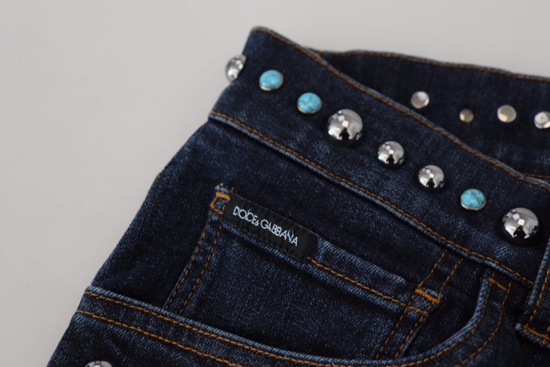 Jean taille basse en coton bleu orné de clous Dolce & Gabbana
