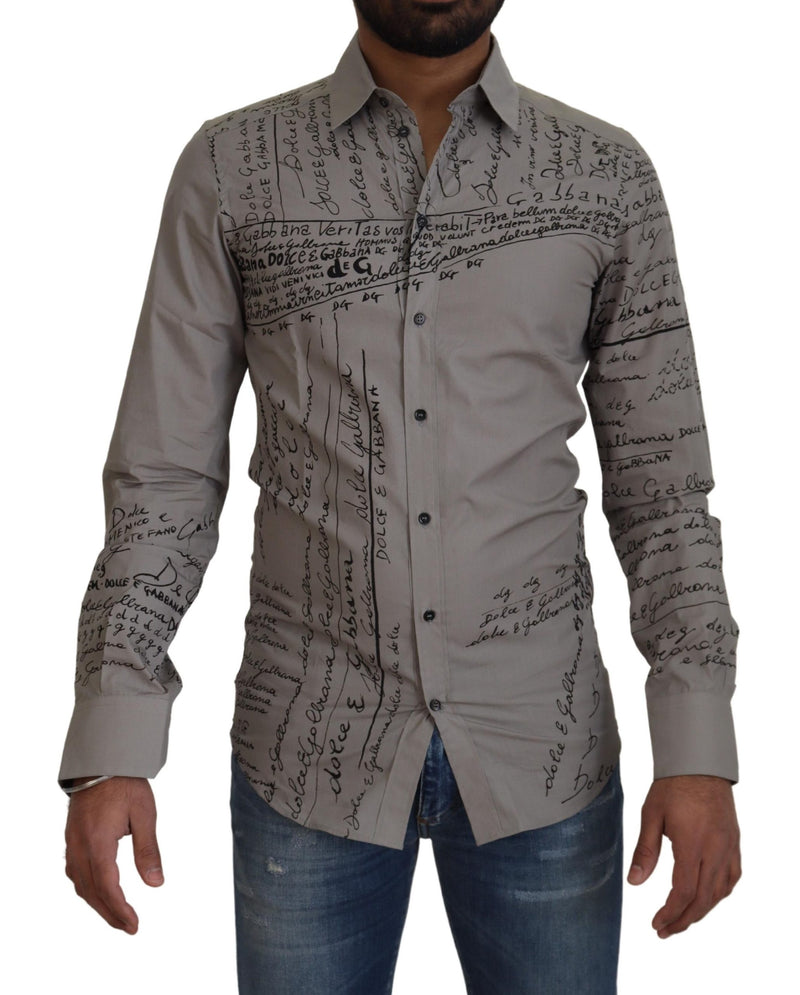 Camisa entallada de algodón gris estampado GOLD de Dolce & Gabbana