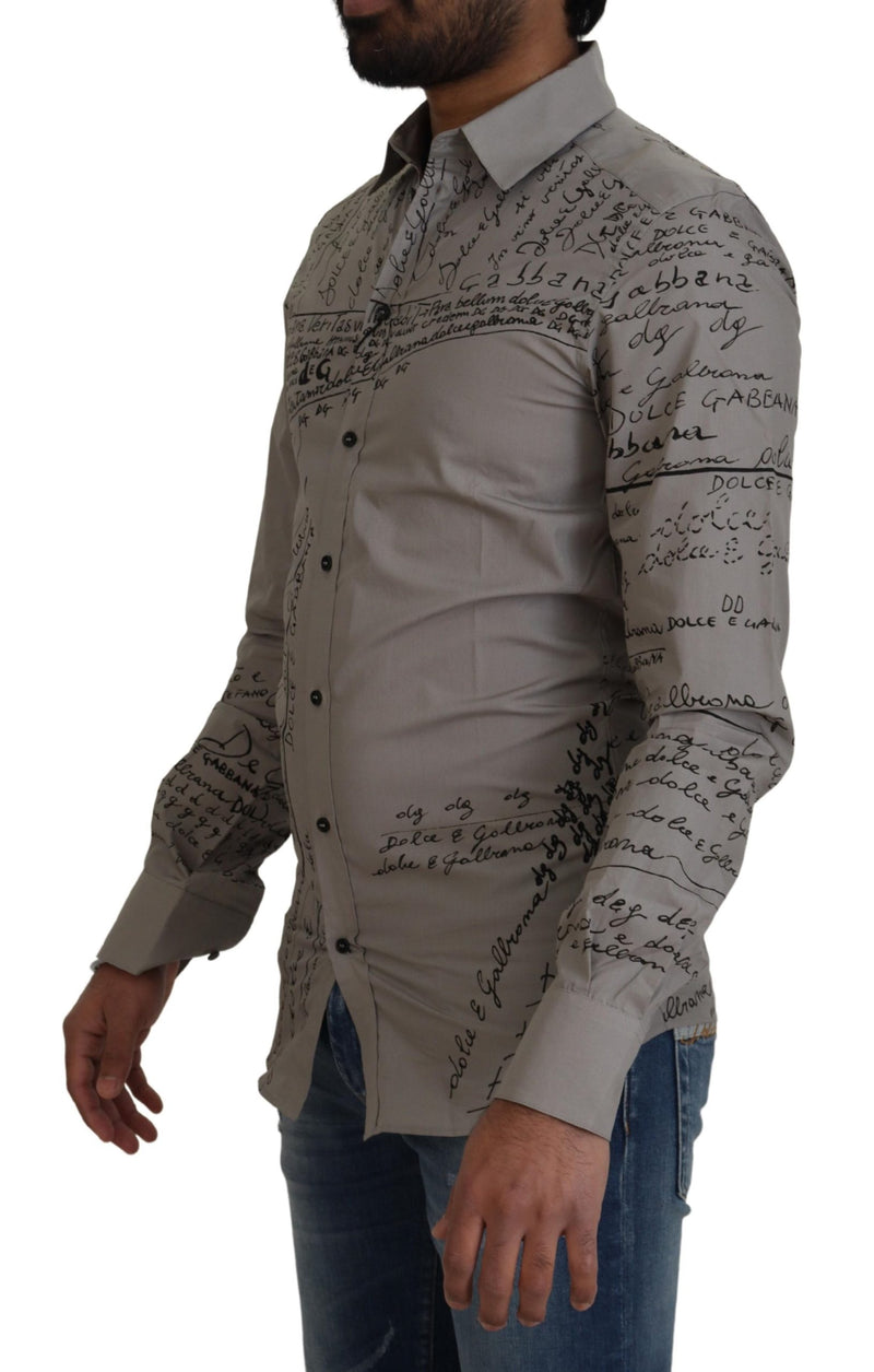 Camisa entallada de algodón gris estampado GOLD de Dolce & Gabbana