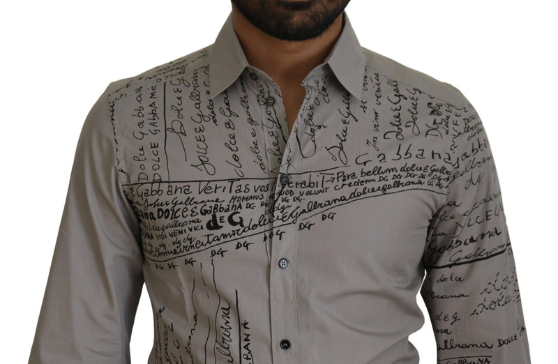 Camisa entallada de algodón gris estampado GOLD de Dolce & Gabbana