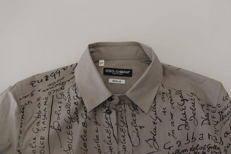 Camisa entallada de algodón gris estampado GOLD de Dolce & Gabbana
