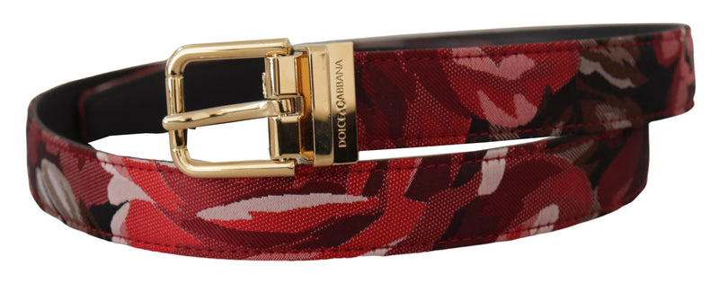 Cinturón de cuero rojo con jacquard de rosas y hebilla metálica dorada de Dolce & Gabbana
