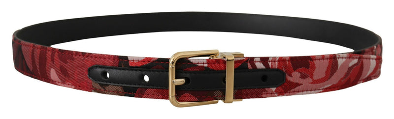 Cinturón de cuero rojo con jacquard de rosas y hebilla metálica dorada de Dolce & Gabbana