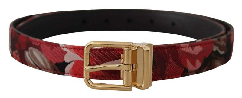 Cinturón de cuero rojo con jacquard de rosas y hebilla metálica dorada de Dolce & Gabbana