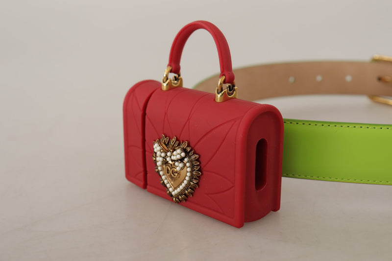Cinto Dolce & Gabbana verde de couro com bolsa micro Devotion Heart e fones de ouvido