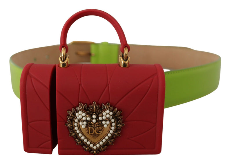 Cinto Dolce & Gabbana verde de couro com bolsa micro Devotion Heart e fones de ouvido
