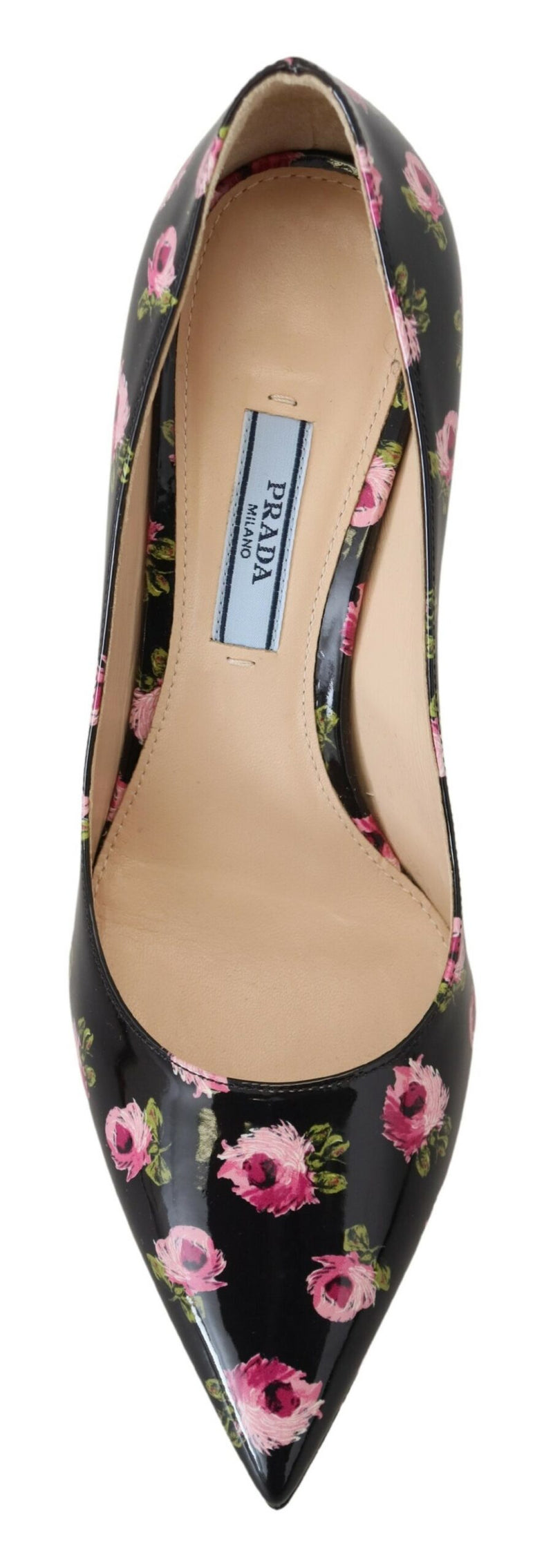 Scarpins Prada pretos em couro com estampa floral e salto agulha