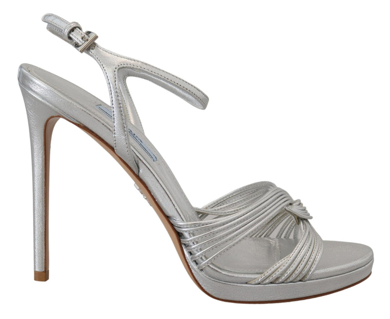 Prada Sandalias de piel plateada con tira al tobillo y tacón de aguja
